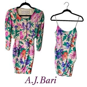 Vintage 80s‎ A.J. Bari Silk Sequin Floral Dress Set Bold Cocktail Party Glam 2